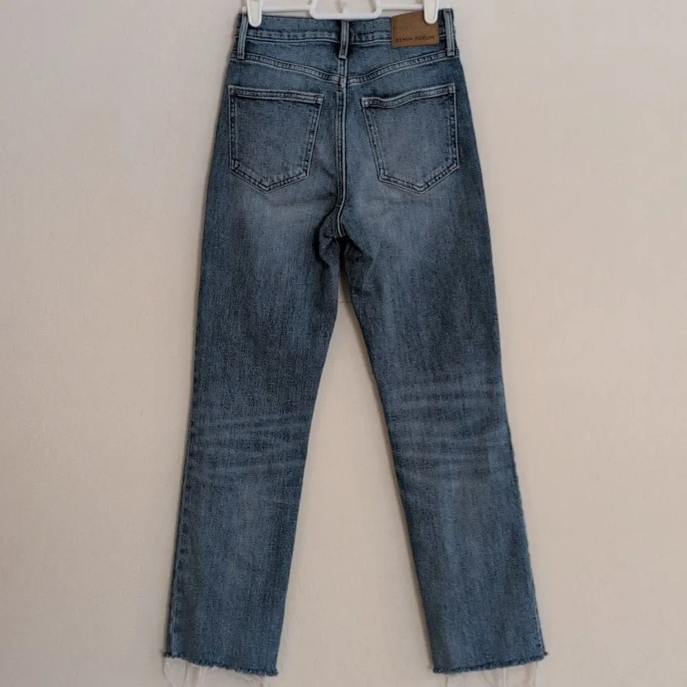 Denim Forum Arlo High Rise Straight Blue Raw Hem Button Fly Jeans Organic - 24